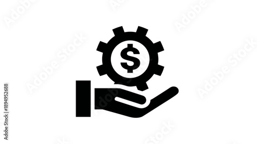 Financial service icon. Hand holding gear with dollar sign, symbolizing business process, money management, income, cost, and earnings.