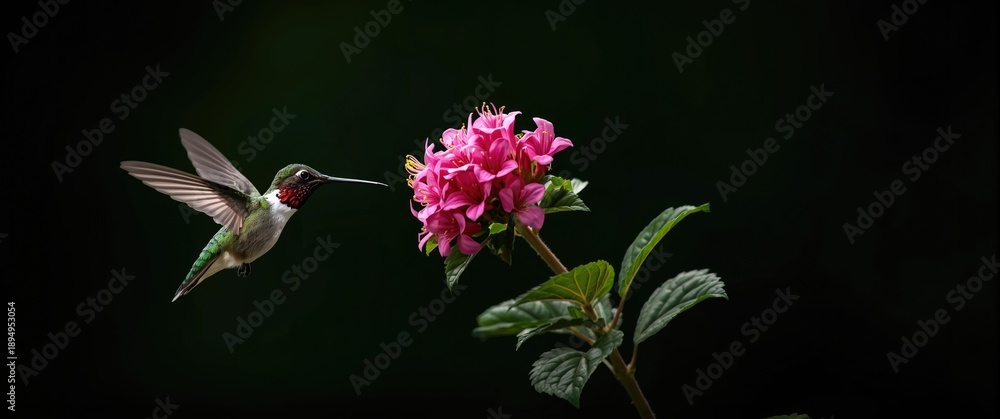 Fototapeta premium Photograph of a male hummingbird near pink flowers against a dark green backdrop