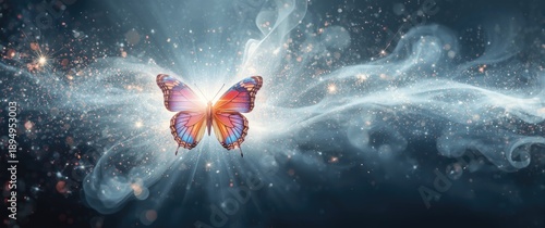 Concept of transformation and spiritual liberation - bright butterfly with white energy emanation, sparkles and colors radiating outward, blank space included