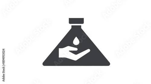 Hygiene hand washing icon with liquid drop in a laboratory flask. Sanitization, science, and care symbol.