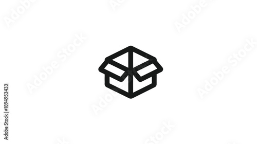 Minimalist black outline icon of an open cardboard box, perfect for e-commerce, shipping, delivery, packaging, product, and logistics design.