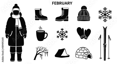 Winter season icons and clothes for february month