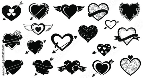 Collection of heart tattoo designs in black and white