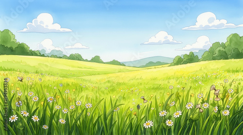 Watercolor cartoon meadow of wildflowers and towering grass under bright blue sky, tranquil hills and misty mountains