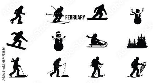 Skiing and snowboarding silhouettes for february
