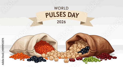 Illustration for World Pulses Day 2026 featuring various types of beans, lentils, and nuts spilling from two burlap sacks against a clean background.