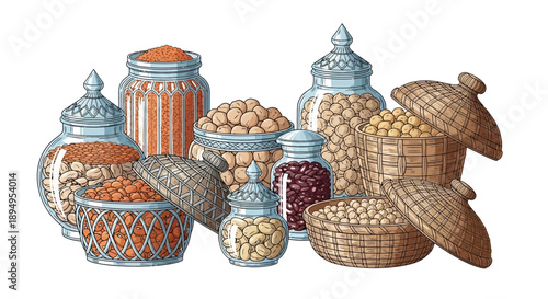 Illustration of various nuts and beans in decorative containers, including peanuts, almonds, cashews, and lentils, against a clean white background.