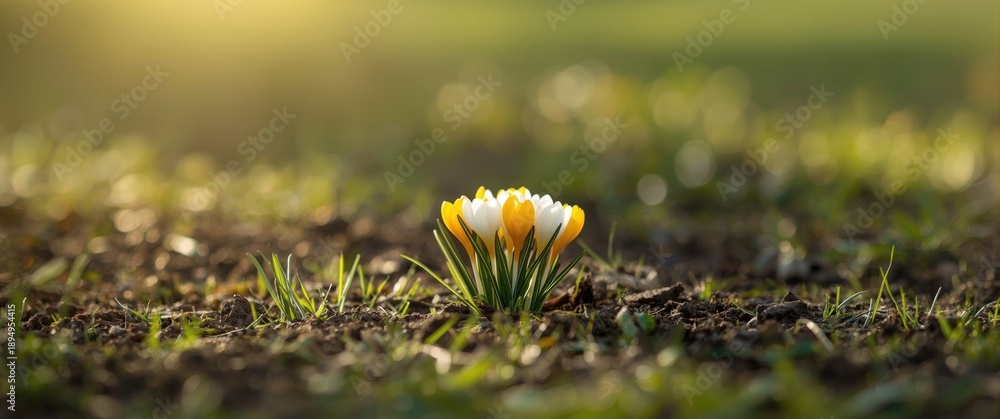 Fototapeta premium Springtime in the countryside with white and yellow crocuses. Bright and cheerful spring blooms. Fresh plants just started to bloom. Young sprouts sprouting.