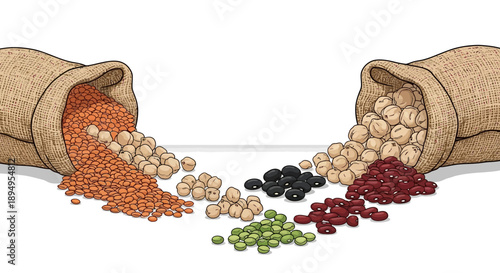 Illustration of various types of legumes and nuts spilling out of burlap sacks against a clean white background.