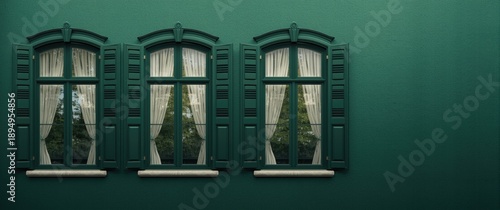 Three Classic Windows Adorn a Green Wall in Green Color