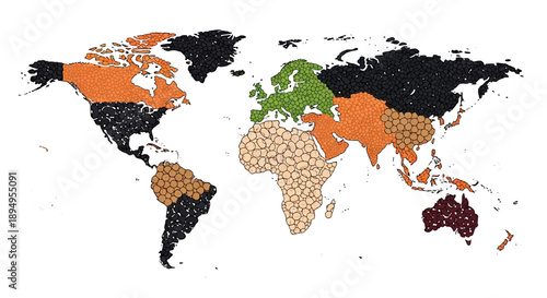 Illustrated world map with countries colored and patterned with various nut and grain textures on a white background.