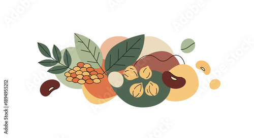 Illustration of various nuts and grains including pistachios, hazelnuts, almonds, and beans with leaves on a clean white background in a flat lay composition with warm earthy tones.
