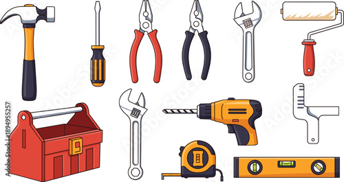 Hand Tool Illustration Set with Hammer, Screwdriver, Pliers, Wrench, Drill, Paint Roller, Toolbox, and Measuring Tools for Repair and DIY Design