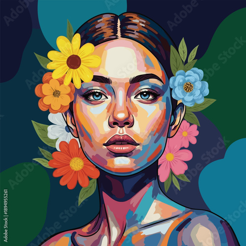 Beautiful woman portrait with flowers in colorful oil painting art style