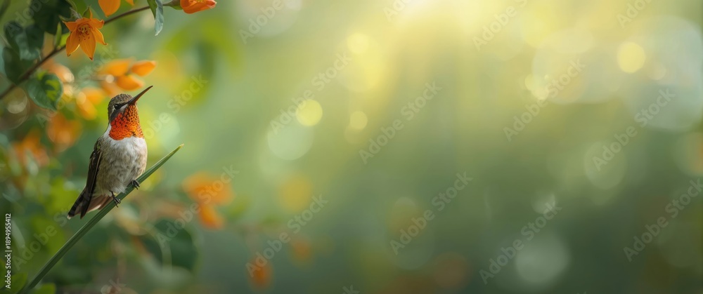 Obraz premium Isolated Ruby-Throated Hummingbird resting during summer among green and orange hues