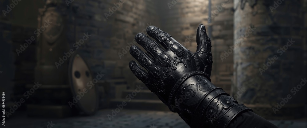 Obraz premium Hand gloves in medieval armor, black metal shield, fantasy castle, old military steel design