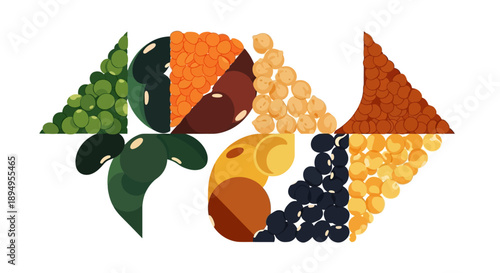 Illustration of various legumes and nuts arranged in a creative composition on a white background with earthy tones.