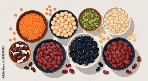 Illustration of various types of beans and nuts in bowls, including lentils, peanuts, and chickpeas, on a light background for World Pulses Day, showcasing different grains.