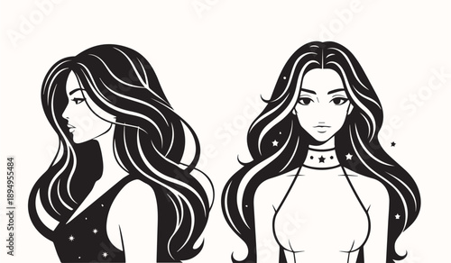 Elegant fashion illustration of a lady with long hair featuring a minimalist black silhouette sketch of a glamour model head with artistic makeup and stylish lips