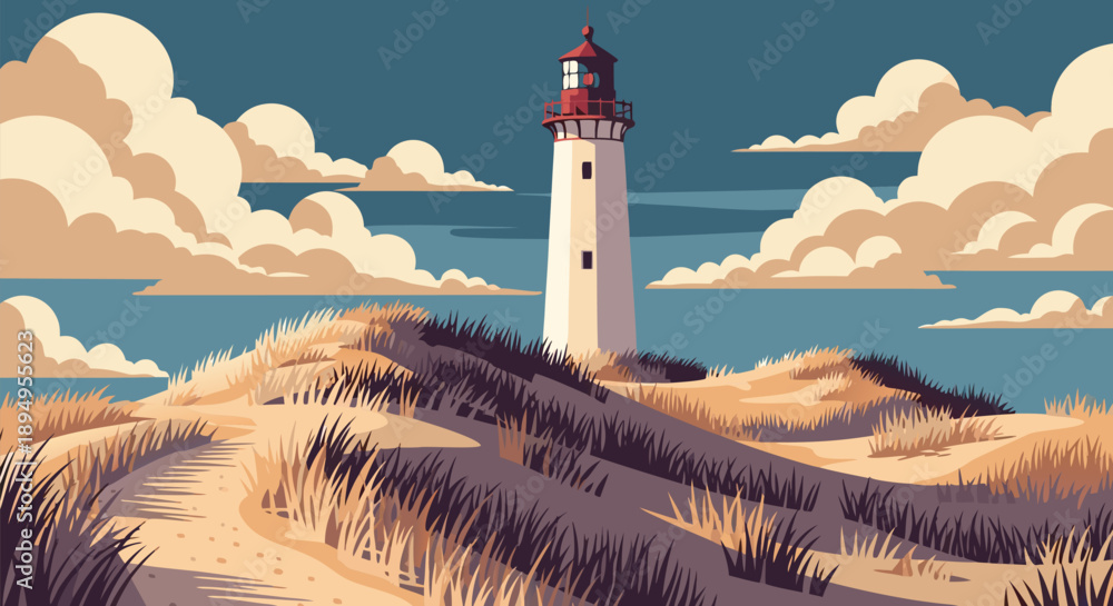 Obraz premium Lighthouse on Sand Dunes Illustration - A Vector Graphic of Coastal Scenery