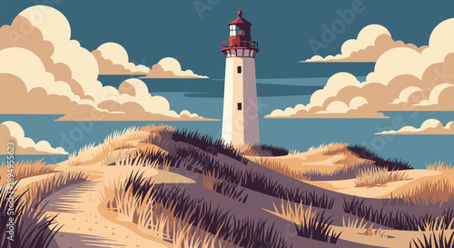 Lighthouse on Sand Dunes Illustration - A Vector Graphic of Coastal Scenery