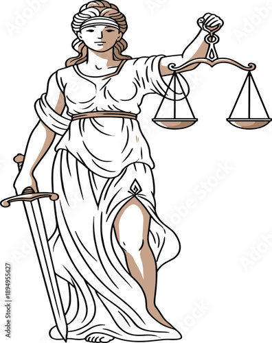 PrintLady Justice Colored Illustration Holding Scales and Sword Symbolizing Law, Fairness, Balance, and Judicial Authority for Legal, Court, and Justice Design