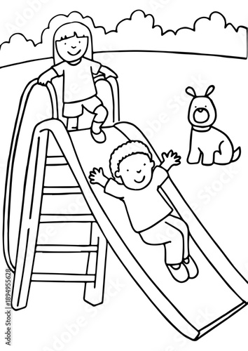 Kids Playing on Slide Coloring Page – Boy and Girl on Playground with Dog, Outline on Transparent Background