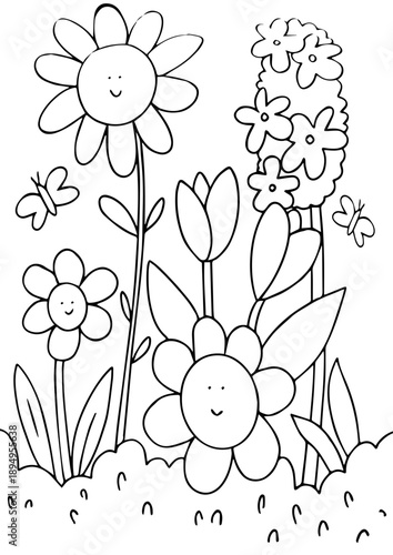 Happy Smiling Flowers Coloring Page for Kids – Cute Cartoon Flowers with Butterflies Outline on Transparent Background