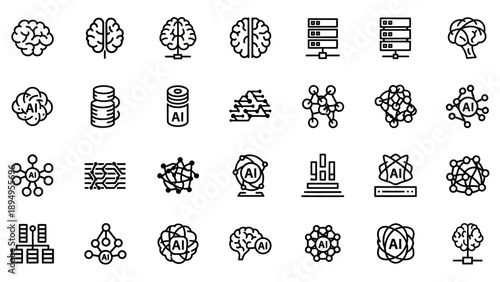 Collection of Simple Line Icons Representing Brain and Technology.
