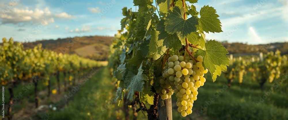 Fototapeta premium Vineyard featuring white wine grapes and a hill behind