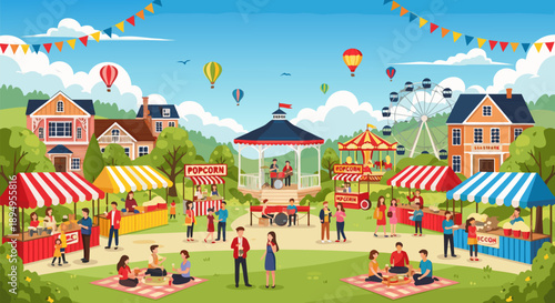Vibrant community fair vector illustration with families enjoying outdoor activities and food stalls