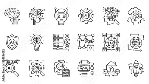 Collection of Simple Line Icons Representing Innovation and Technology.