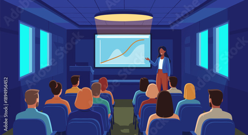 Business Presentation Vector Illustration of a Speaker in a Conference Room Addressing an Audience