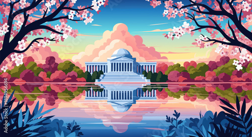 Washington DC Jefferson Memorial cherry blossom vector illustration reflecting in tidal basin water during spring