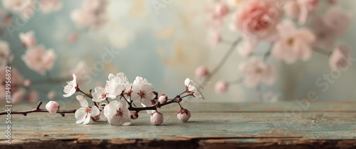 Vibrant cherry blossom branch laid across an aged wooden table