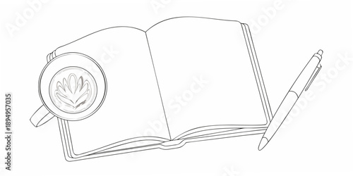 Open notebook coffee cup with latte art and writing pen illustration