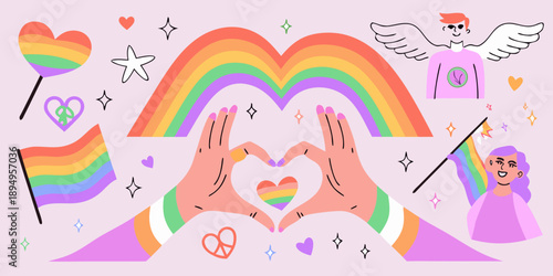 A vibrant illustration showcasing pride love and acceptance with rainbow motifs