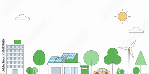 Sustainable city landscape with solar panels wind turbine and green trees