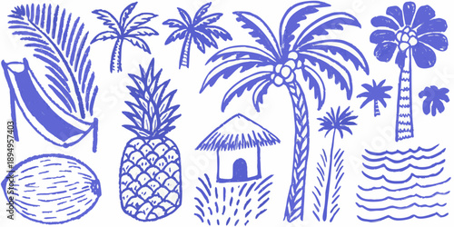Blue tropical illustration featuring palm trees pineapples and beach elements