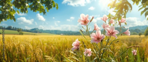 Flowers blooming in the yellow rice field during harvest in Thailand