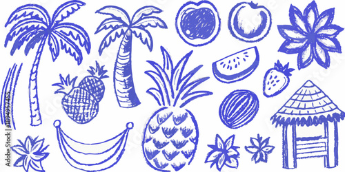 A vibrant collection of tropical fruits palm trees and island elements in blue