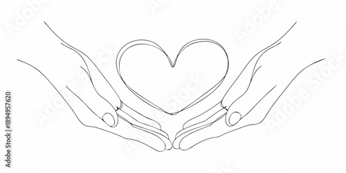 Hands gently cradling a heart shape drawn in a minimalist line art style