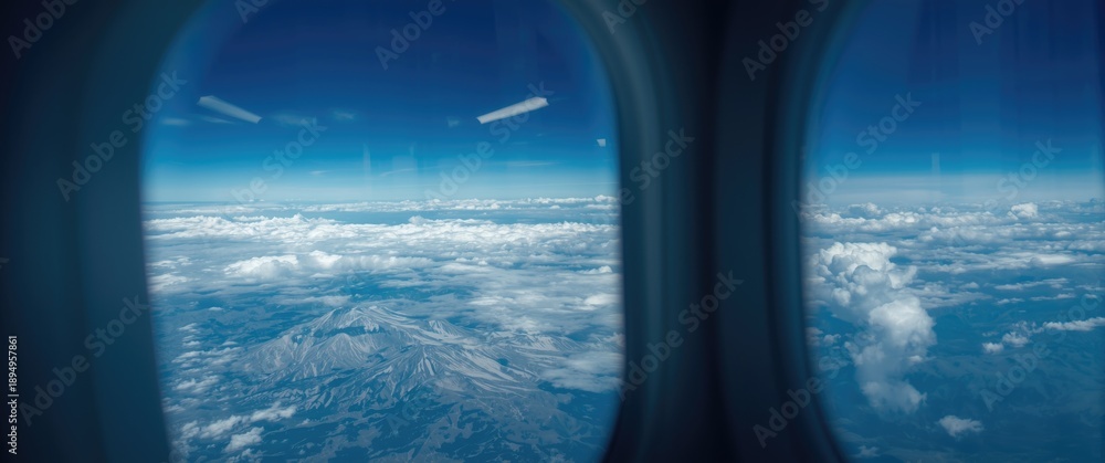 Fototapeta premium Airplane Window View of Clouds and Mountains Over Central Europe