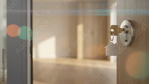 This video shows a key in a door opening into a new home. The scene evokes a feeling of excitement, potential, and fresh beginnings. Ideal for real estate promotions, relocation services, home buying 