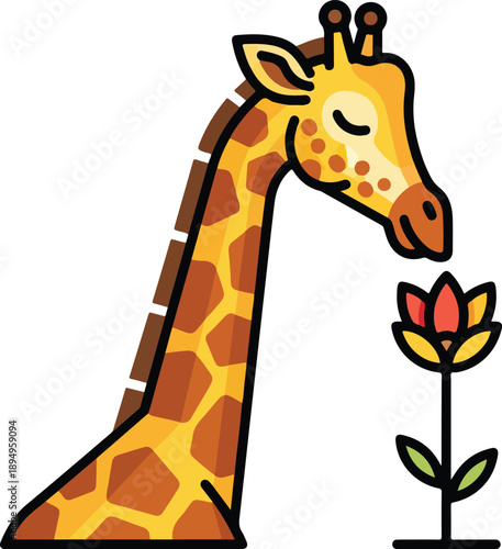 Cute cartoon giraffe smelling a flower with eyes closed in a flat illustration style
