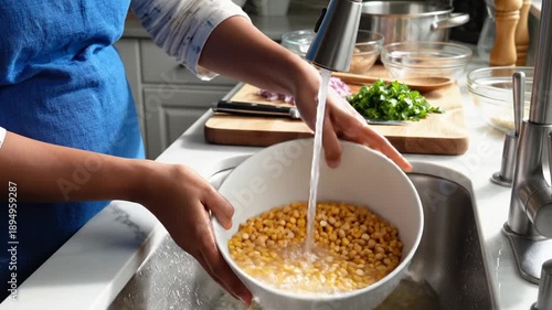 Person pouring cheese into a bowl of soup in a kitchen with vegetables and utensils on the counter