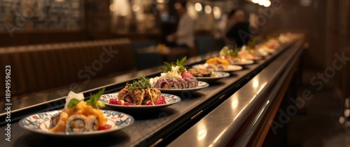 Bangkok, Thailand: Conveyor belt with plates of sushi and various foods in a restaurant