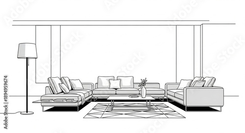 Modern Living Room Furniture Arrangement Sketch.