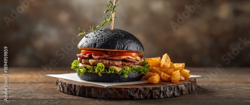 Black burger with roast meat and vegetables, served with potatoes and sauce on a blurred background, food, paper, white, health, restaurant, black bread, cheese, meat