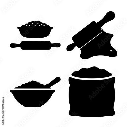 Baking and cooking essentials: a collection of flour, dough, and rolling pin icons
